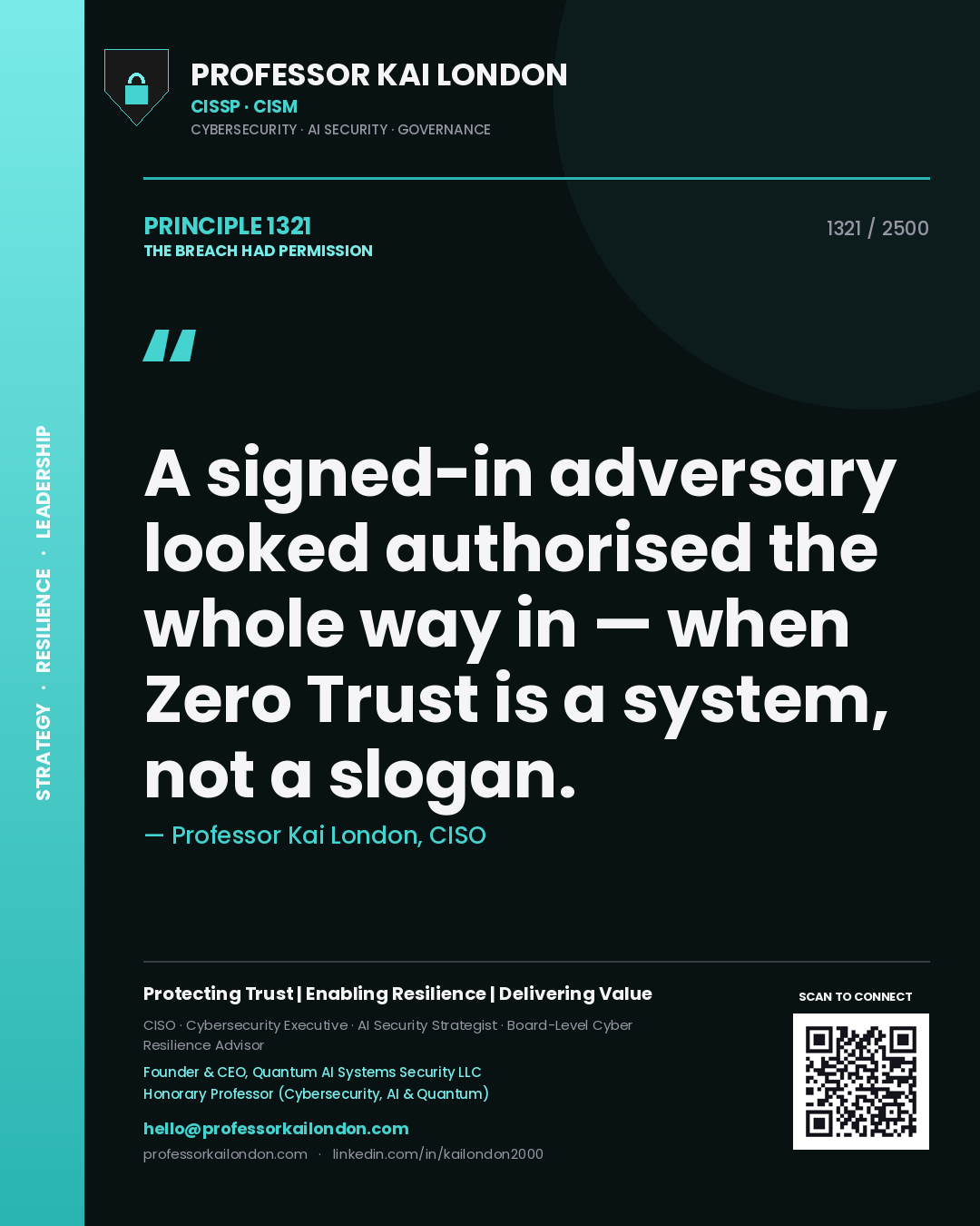 Professor Kai London principle 1321: A signed-in adversary looked authorised the whole way in — when Zero Trust is a system, not a slogan.