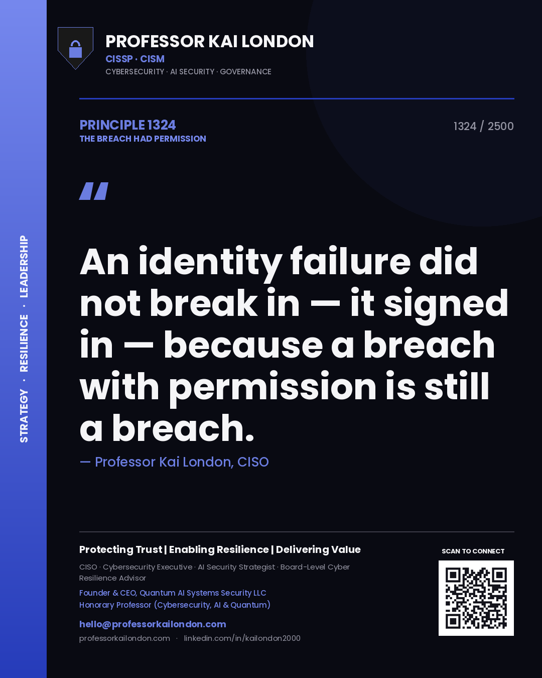 Quote card by Professor Kai London reading 'An identity failure did not break in — it signed in — because a breach with permission is still a breach.'. From the book The Breach Had Permission.