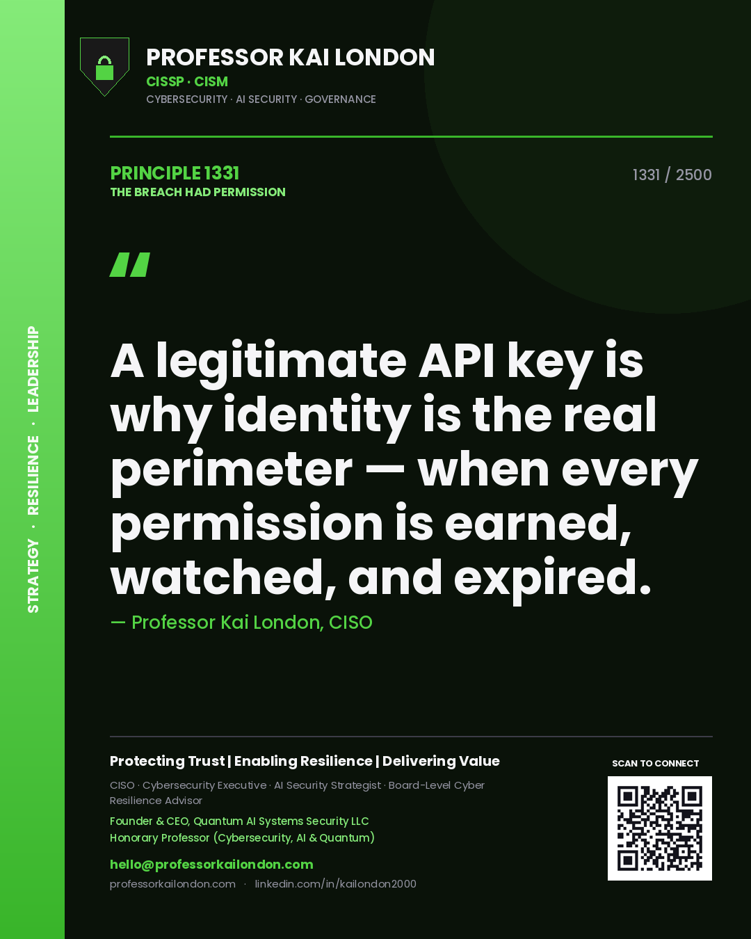 Professor Kai London principle 1331: A legitimate API key is why identity is the real perimeter — when every permission is earned, watched, and expired.