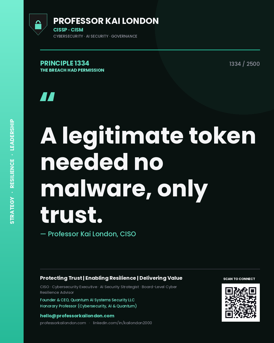 Quote card by Professor Kai London reading 'A legitimate token needed no malware, only trust.'. From the book The Breach Had Permission.