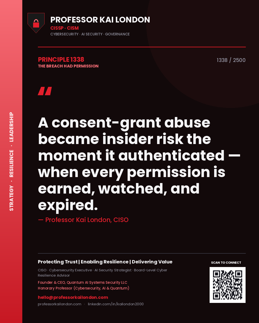 Professor Kai London principle 1338: A consent-grant abuse became insider risk the moment it authenticated — when every permission is earned, watched, and expired.