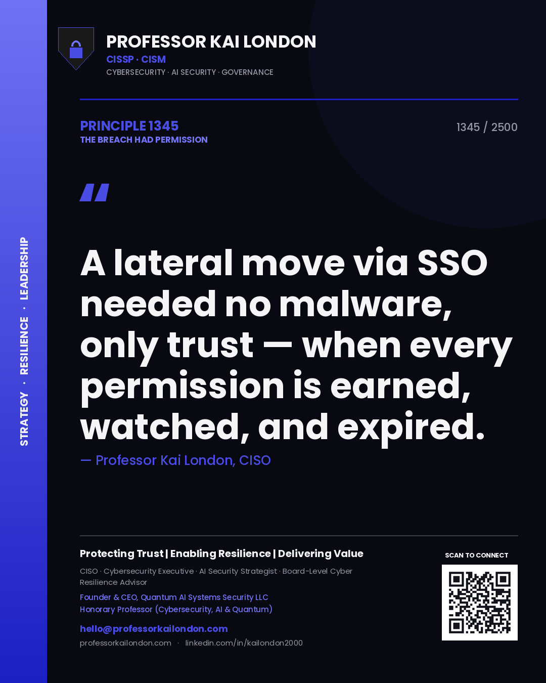 Quote card by Professor Kai London reading 'A lateral move via SSO needed no malware, only trust — when every permission is earned, watched, and expired.'. From the book The Breach Had Permission.