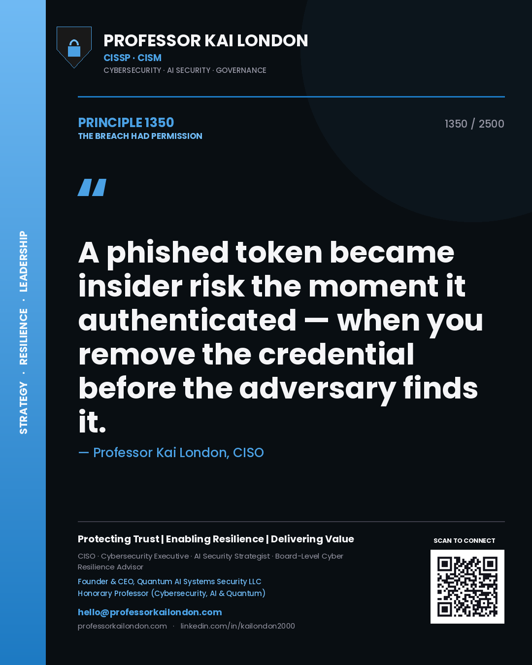 Professor Kai London principle 1350: A phished token became insider risk the moment it authenticated — when you remove the credential before the adversary finds it.