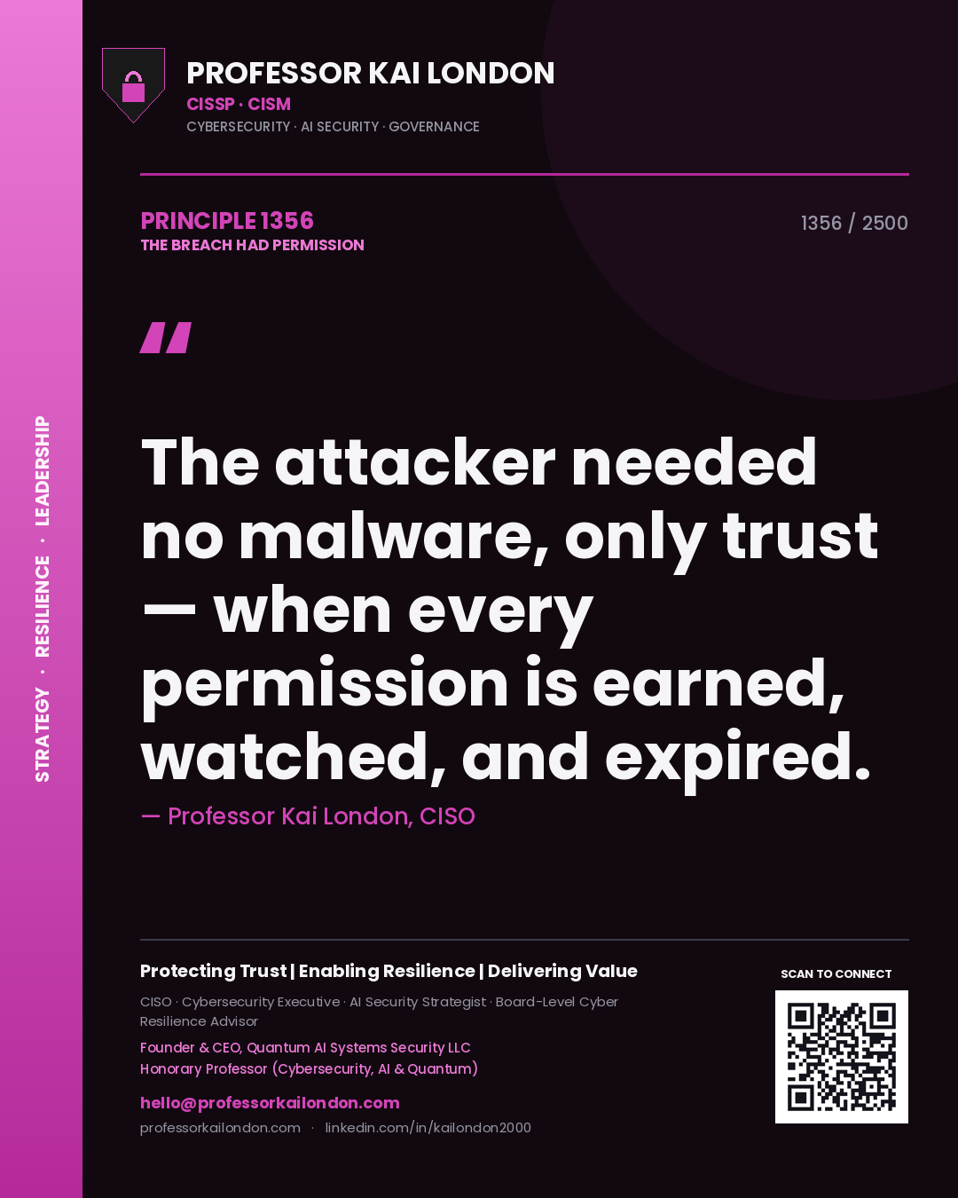 Professor Kai London principle 1356: The attacker needed no malware, only trust — when every permission is earned, watched, and expired.