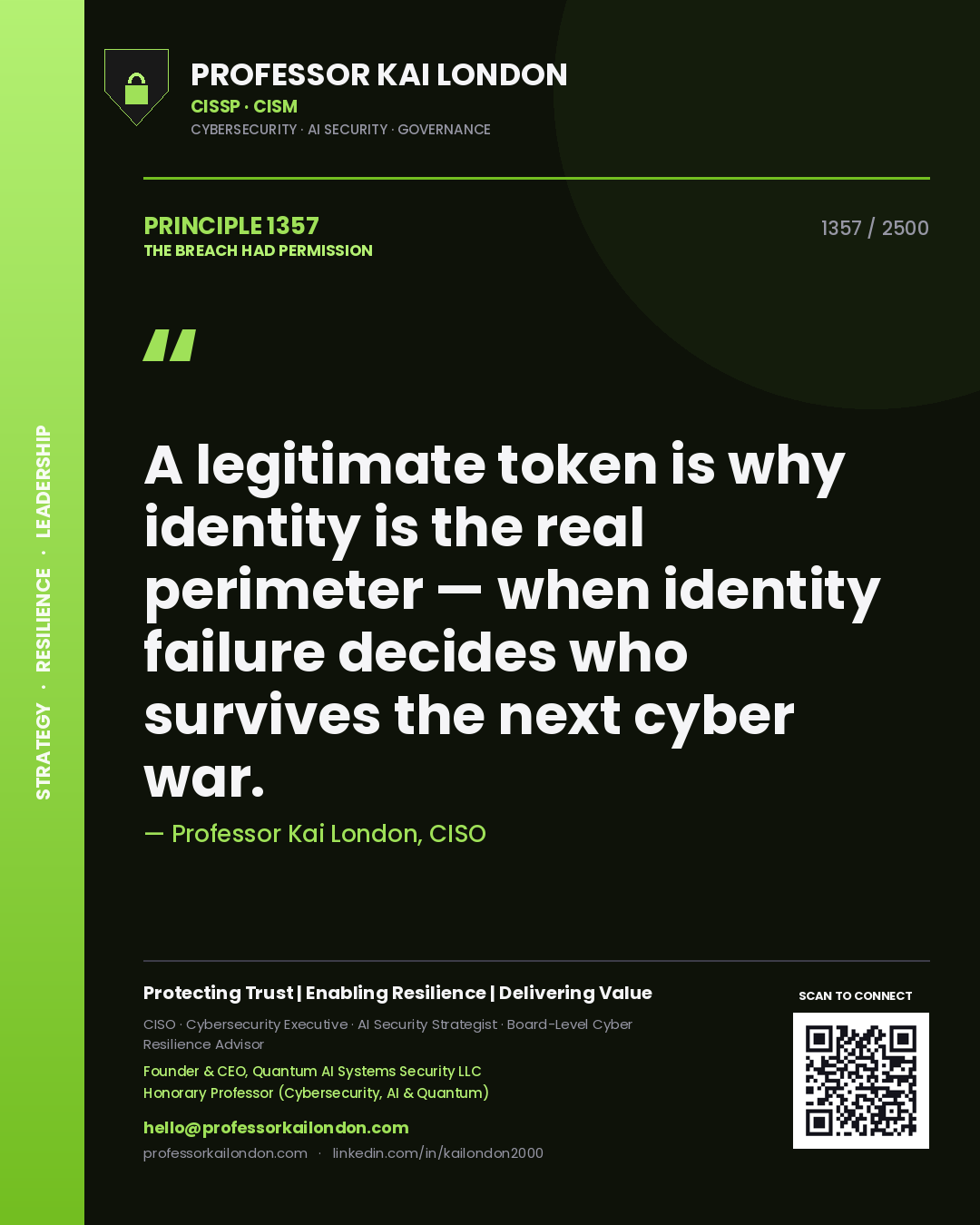 Professor Kai London principle 1357: A legitimate token is why identity is the real perimeter — when identity failure decides who survives the next cyber war.