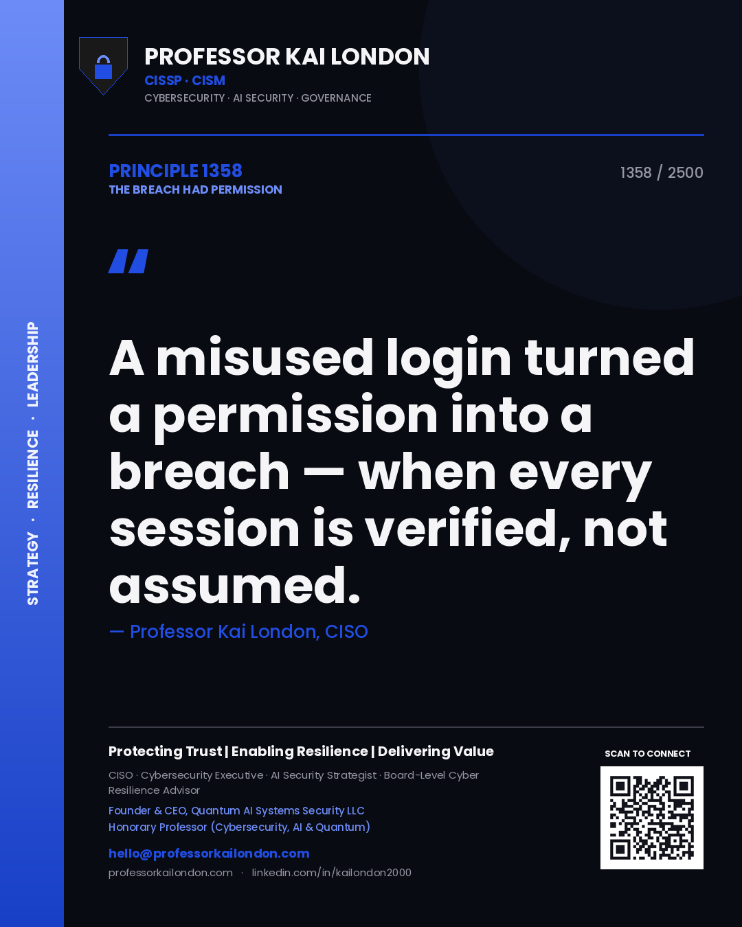 Quote card by Professor Kai London reading 'A misused login turned a permission into a breach — when every session is verified, not assumed.'. From the book The Breach Had Permission.