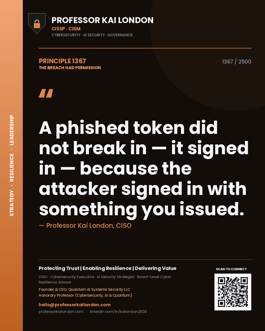 Professor Kai London principle 1367: A phished token did not break in — it signed in — because the attacker signed in with something you issued.