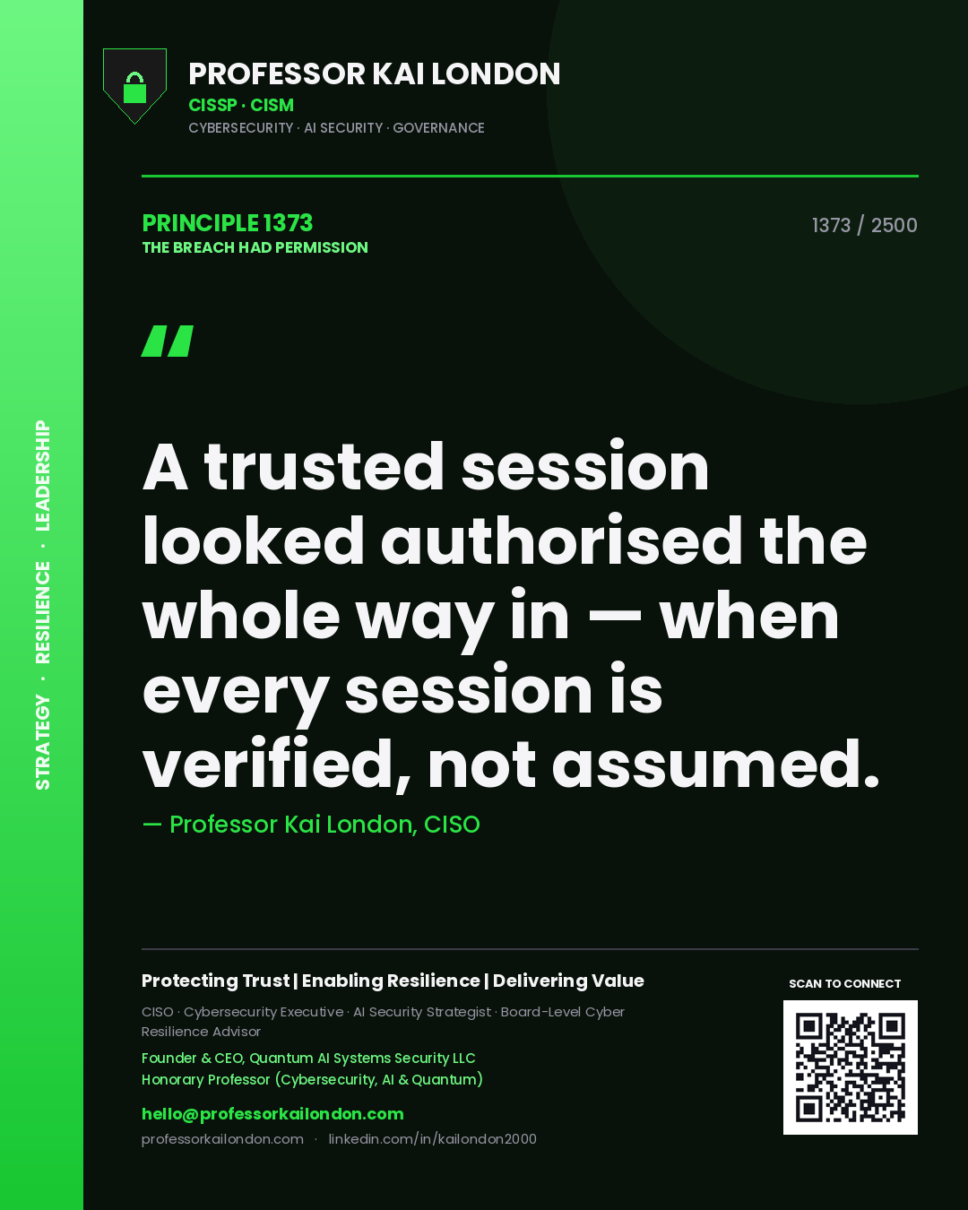 Quote card by Professor Kai London reading 'A trusted session looked authorised the whole way in — when every session is verified, not assumed.'. From the book The Breach Had Permission.