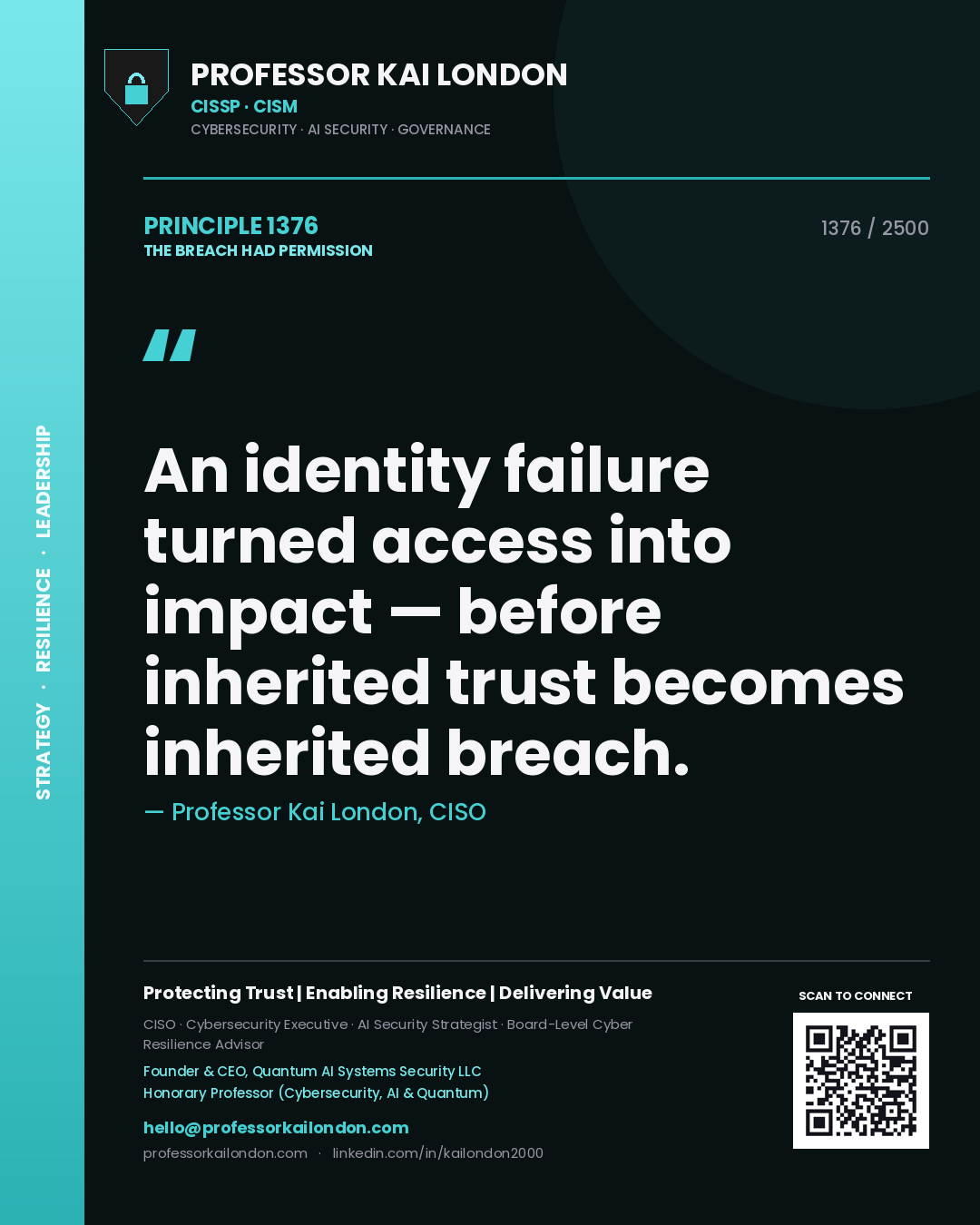 Quote card by Professor Kai London reading 'An identity failure turned access into impact — before inherited trust becomes inherited breach.'. From the book The Breach Had Permission.
