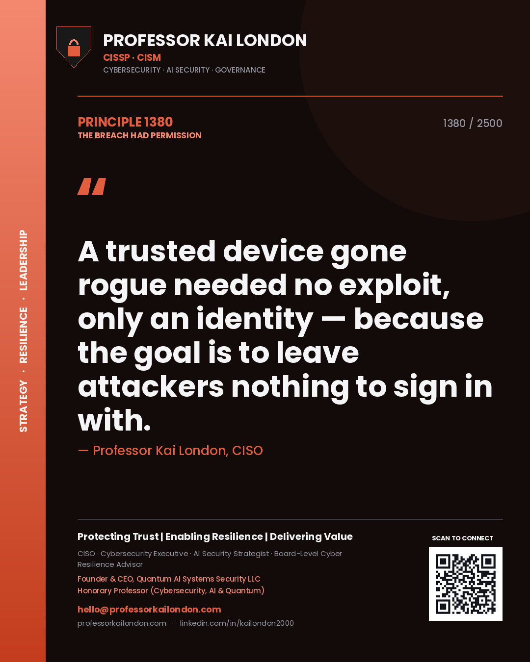 Professor Kai London principle 1380: A trusted device gone rogue needed no exploit, only an identity — because the goal is to leave attackers nothing to sign in with.