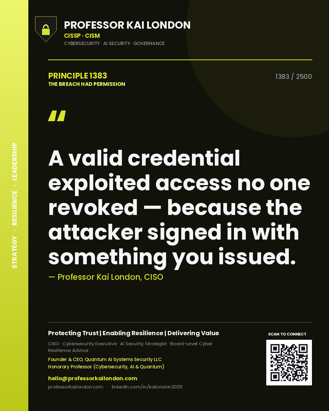 Quote card by Professor Kai London reading 'A valid credential exploited access no one revoked — because the attacker signed in with something you issued.'. From the book The Breach Had Permission.