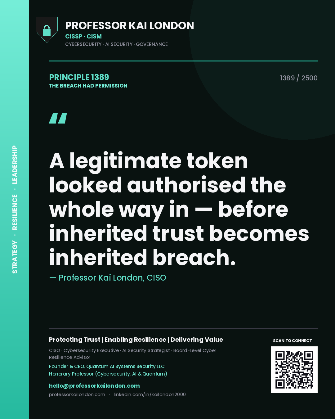 Professor Kai London principle 1389: A legitimate token looked authorised the whole way in — before inherited trust becomes inherited breach.