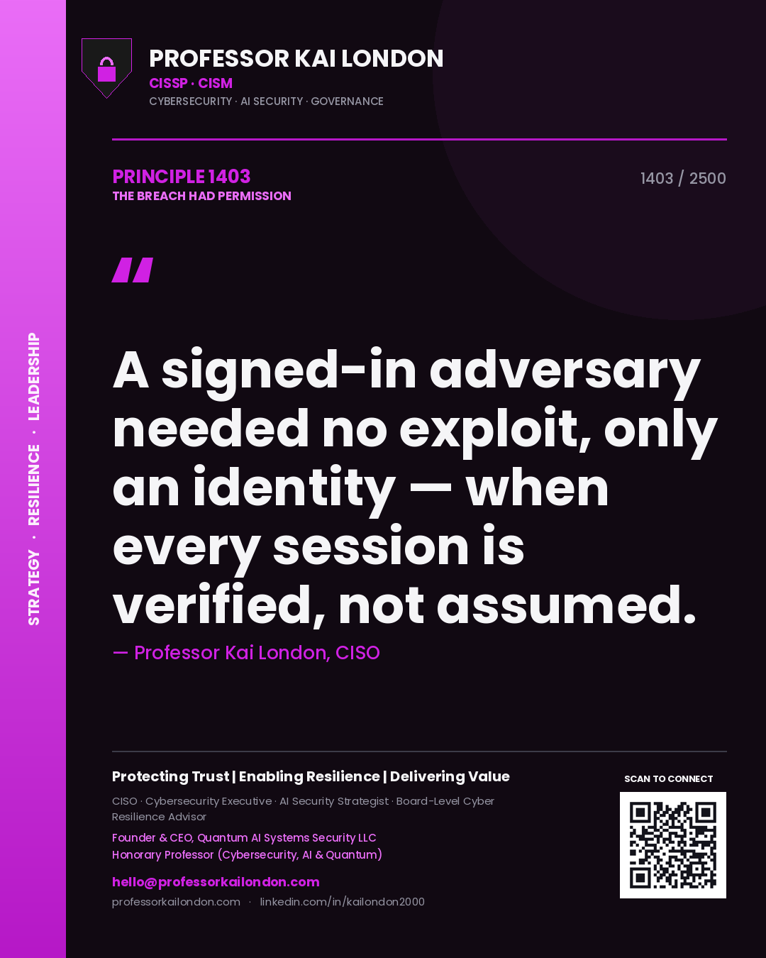 Professor Kai London principle 1403: A signed-in adversary needed no exploit, only an identity — when every session is verified, not assumed.