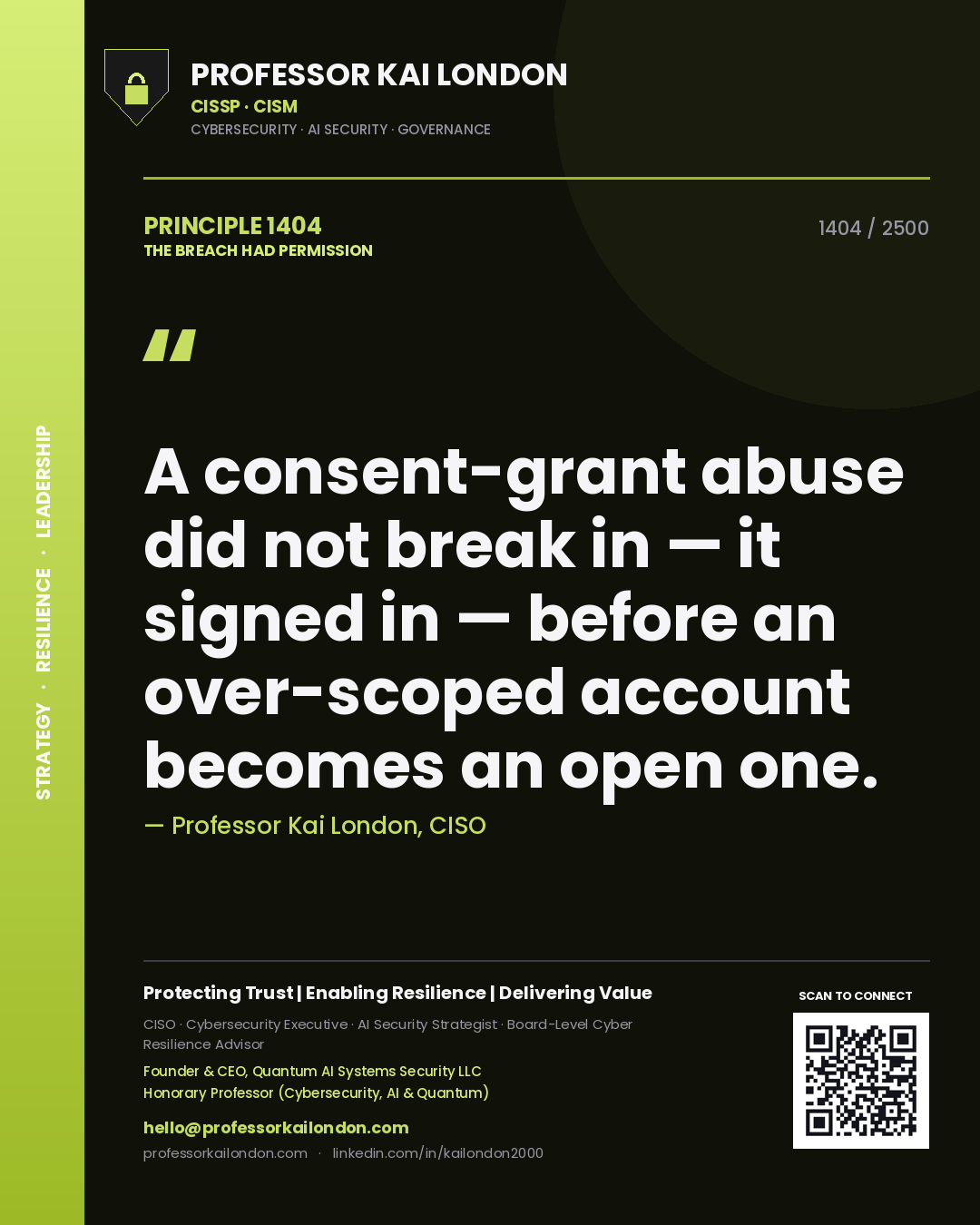 Quote card by Professor Kai London reading 'A consent-grant abuse did not break in — it signed in — before an over-scoped account becomes an open one.'. From the book The Breach Had Permission.