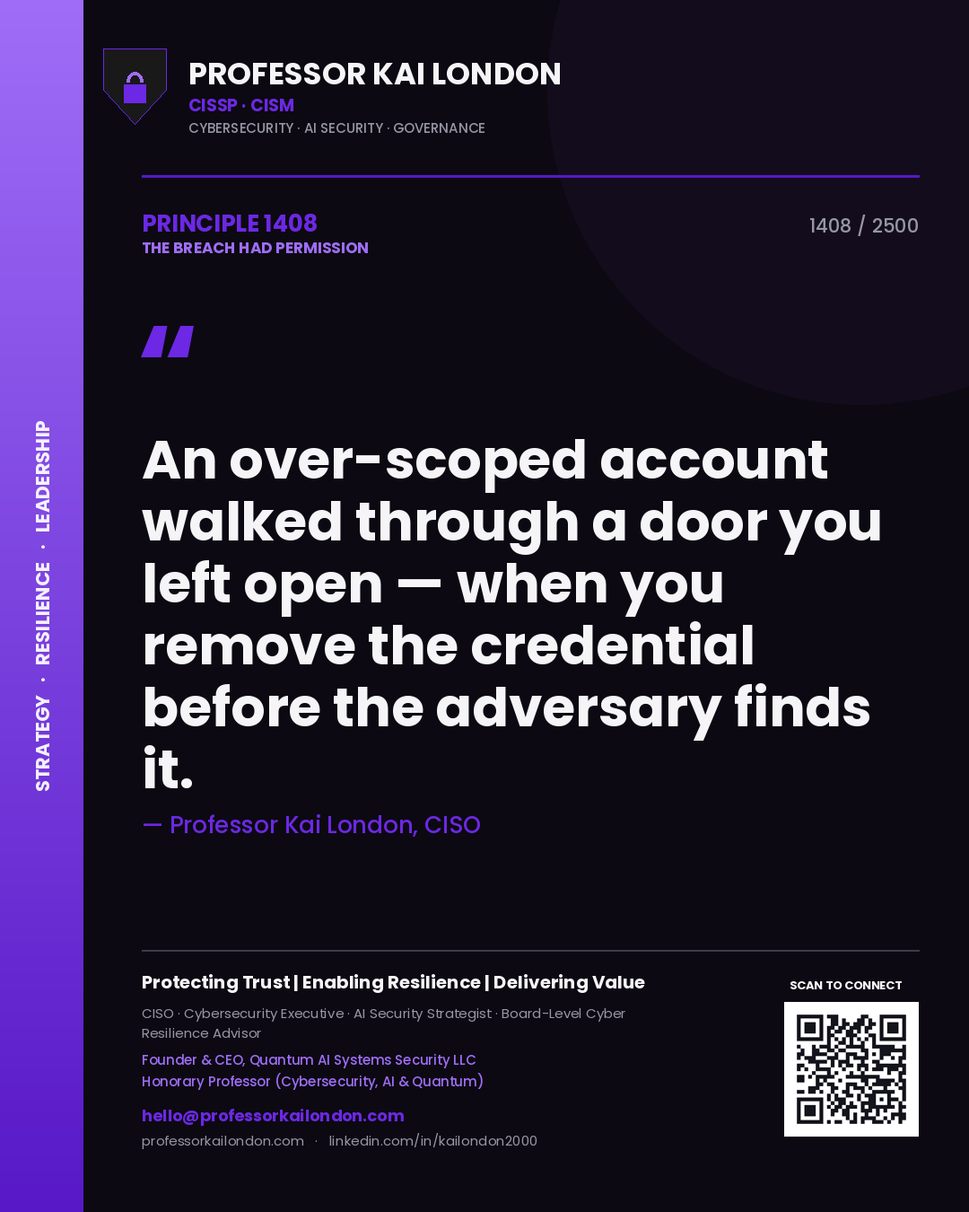 Quote card by Professor Kai London reading 'An over-scoped account walked through a door you left open — when you remove the credential before the adversary finds it.'. From the book The Breach Had Permission.