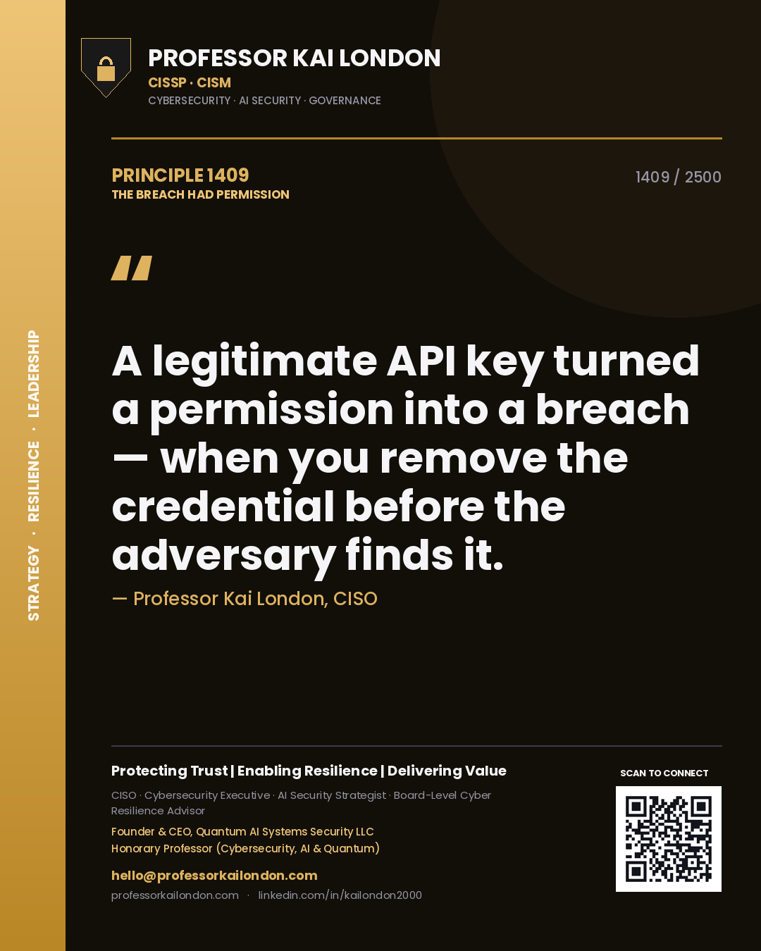 Quote card by Professor Kai London reading 'A legitimate API key turned a permission into a breach — when you remove the credential before the adversary finds it.'. From the book The Breach Had Permission.