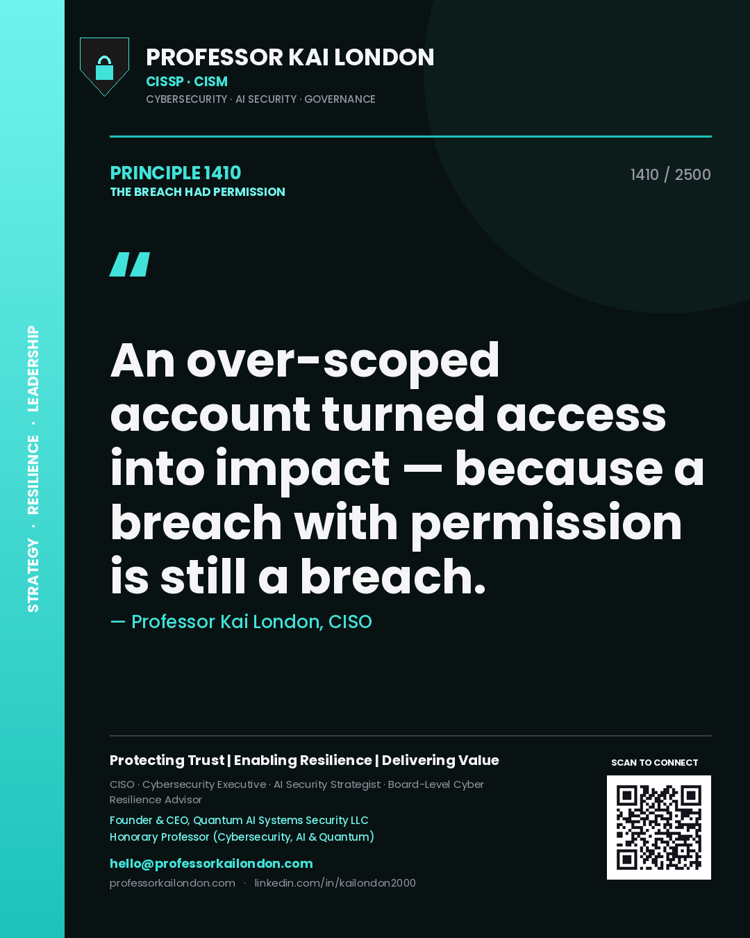 Professor Kai London principle 1410: An over-scoped account turned access into impact — because a breach with permission is still a breach.