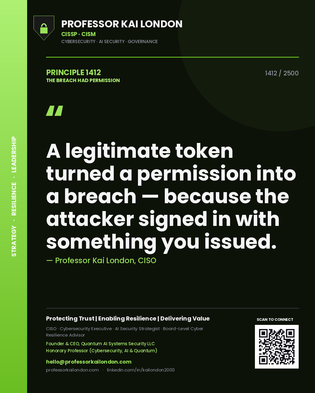 Professor Kai London principle 1412: A legitimate token turned a permission into a breach — because the attacker signed in with something you issued.