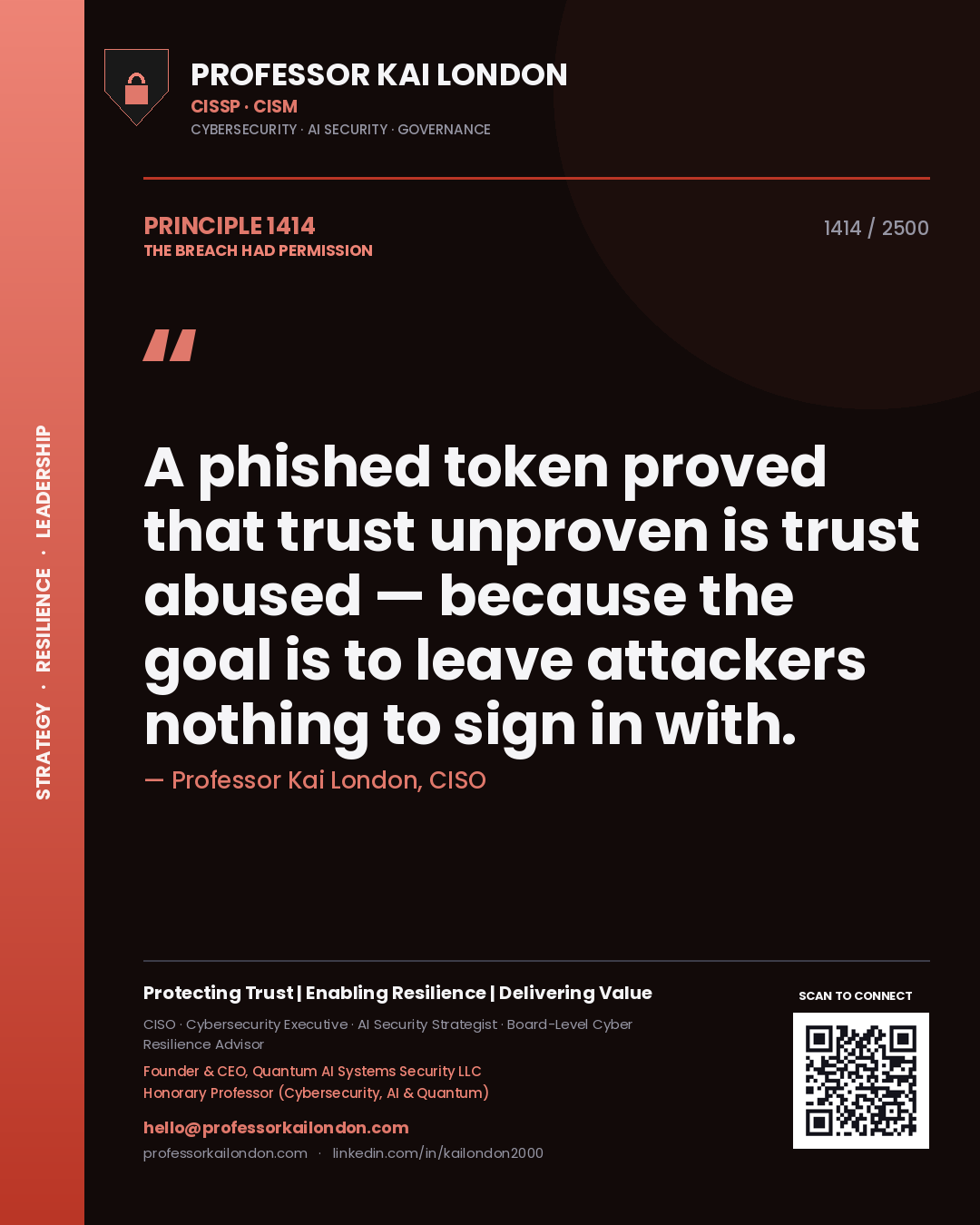 Professor Kai London principle 1414: A phished token proved that trust unproven is trust abused — because the goal is to leave attackers nothing to sign in with.
