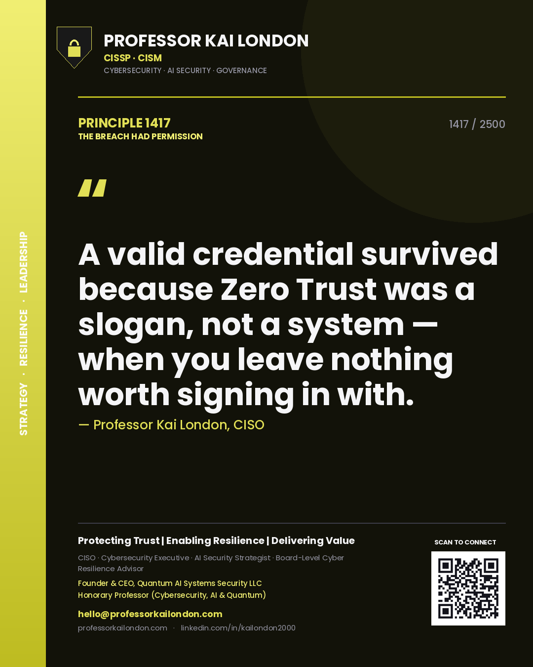 Professor Kai London principle 1417: A valid credential survived because Zero Trust was a slogan, not a system — when you leave nothing worth signing in with.