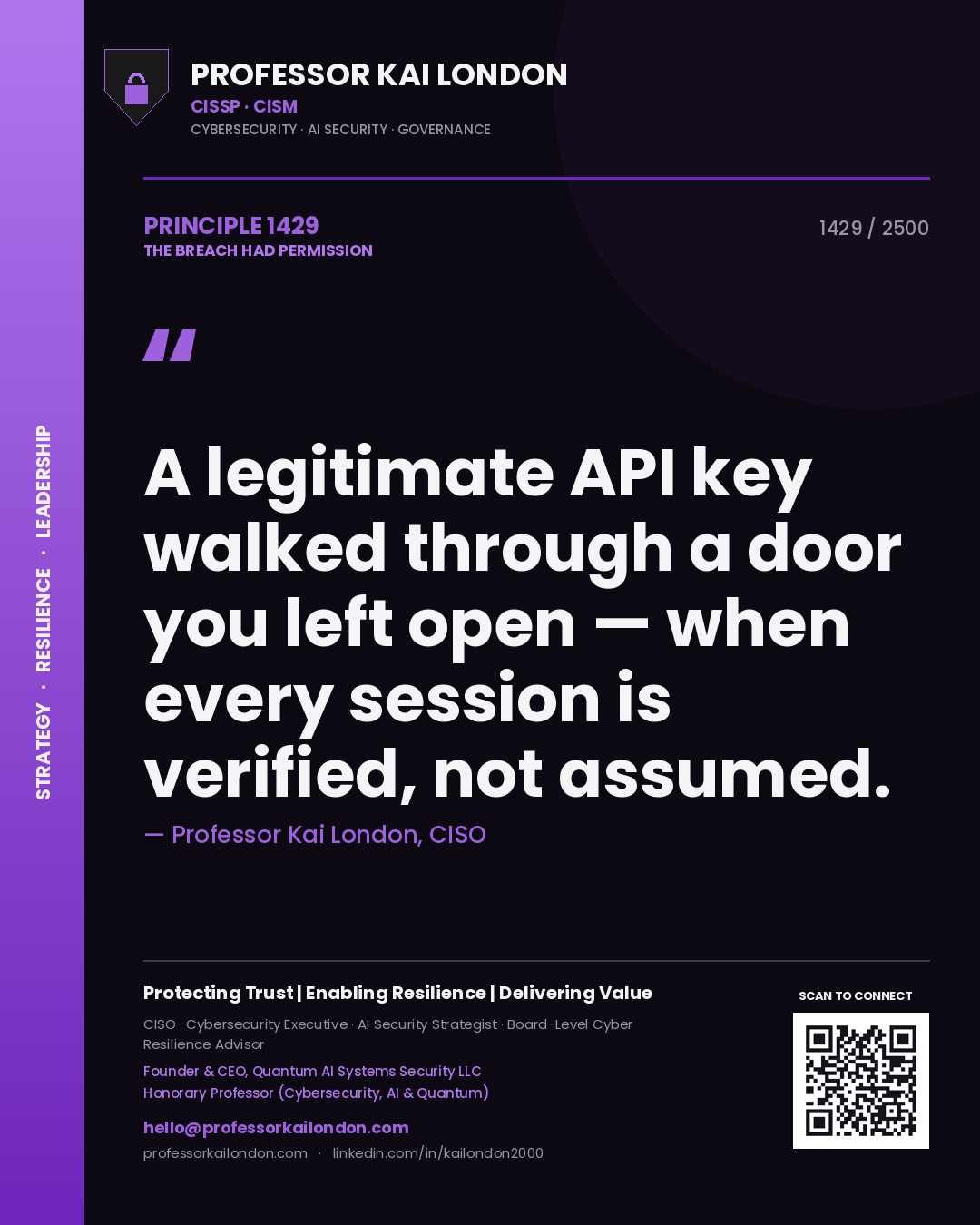 Professor Kai London principle 1429: A legitimate API key walked through a door you left open — when every session is verified, not assumed.
