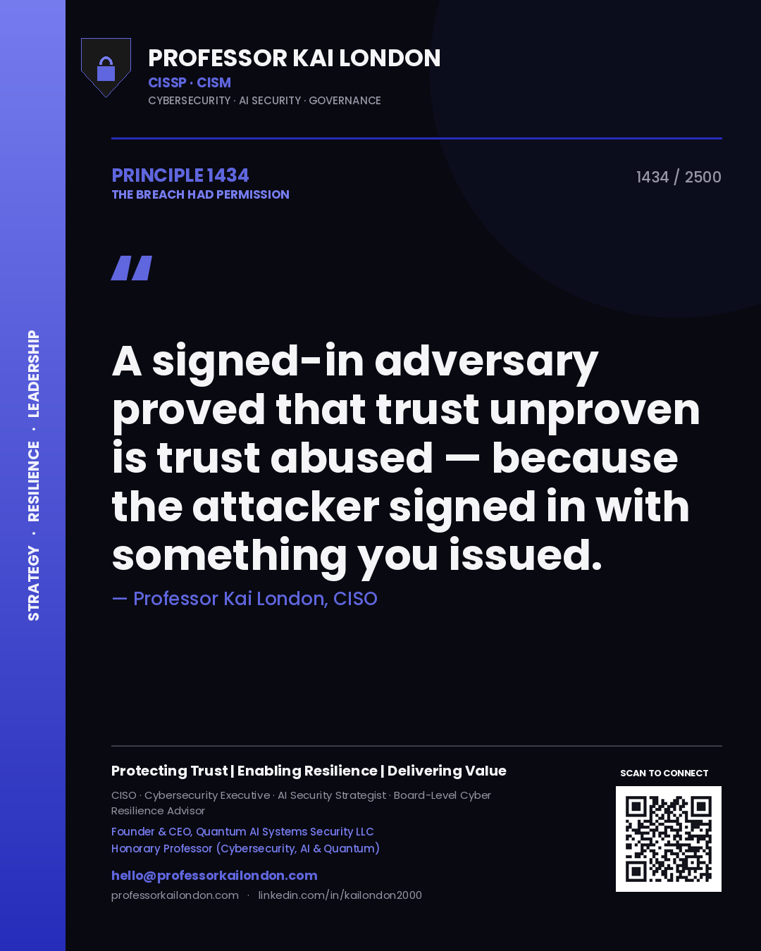 Professor Kai London principle 1434: A signed-in adversary proved that trust unproven is trust abused — because the attacker signed in with something you issued.
