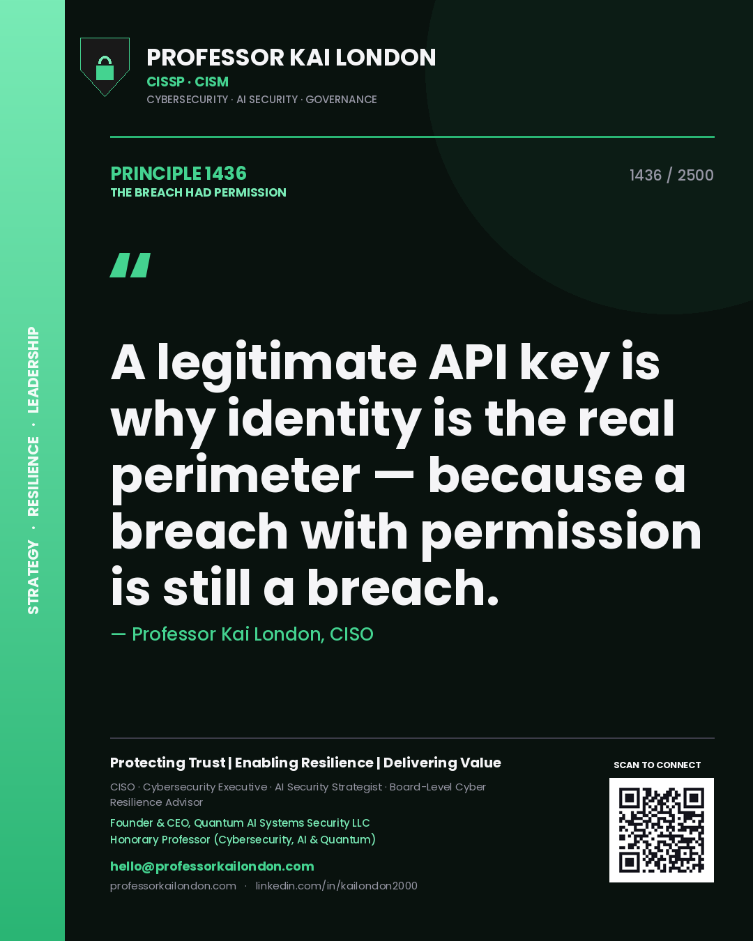 Professor Kai London principle 1436: A legitimate API key is why identity is the real perimeter — because a breach with permission is still a breach.