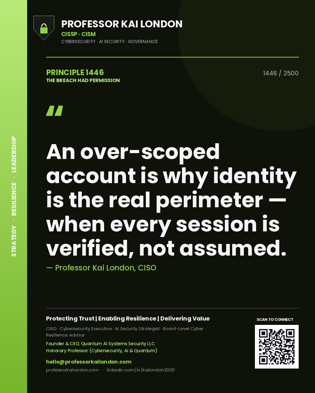 Professor Kai London principle 1446: An over-scoped account is why identity is the real perimeter — when every session is verified, not assumed.