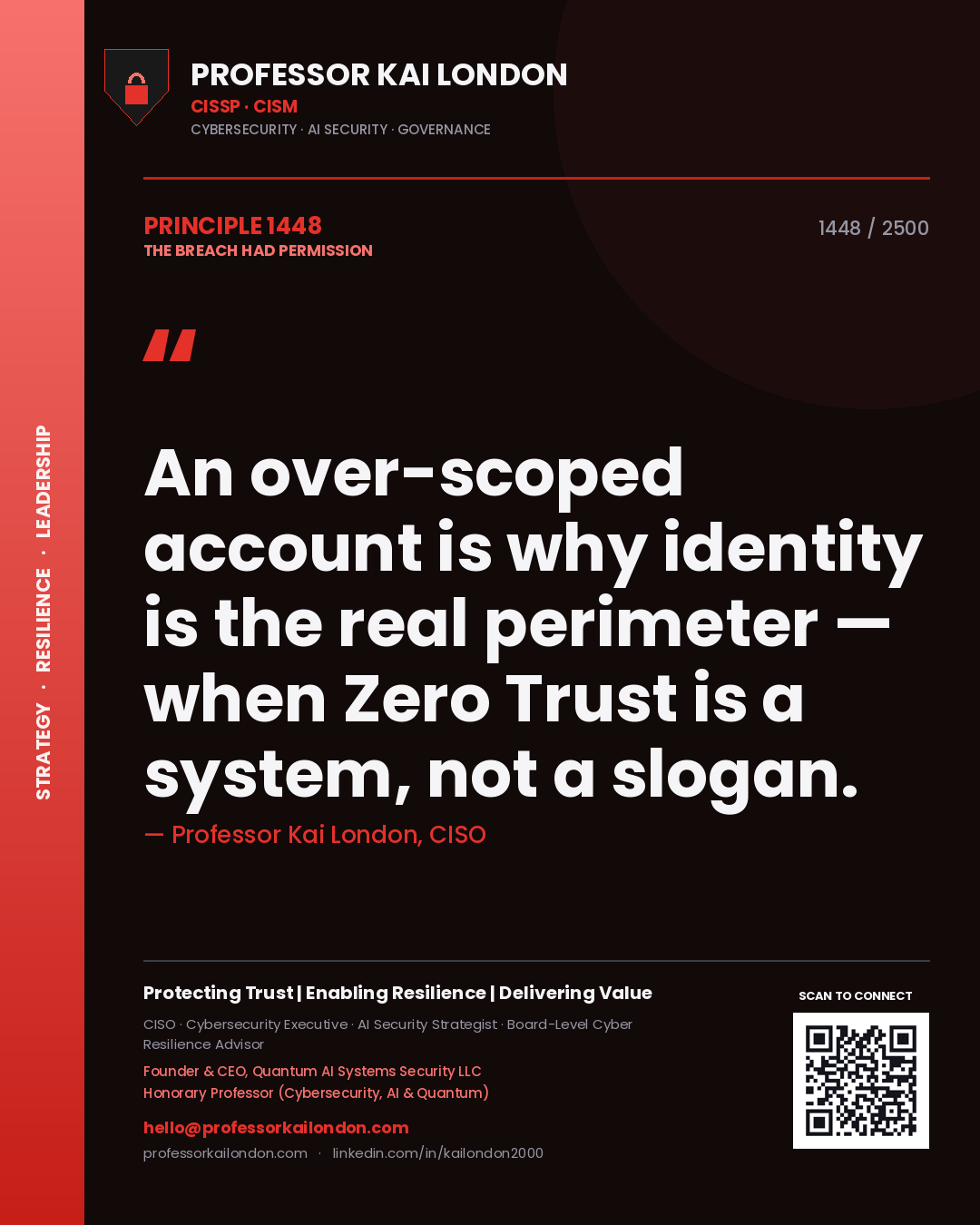 Professor Kai London principle 1448: An over-scoped account is why identity is the real perimeter — when Zero Trust is a system, not a slogan.