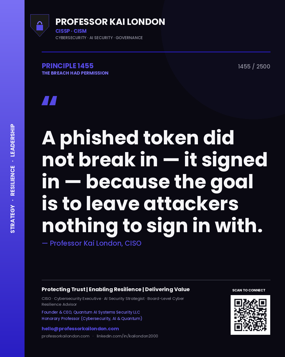 Quote card by Professor Kai London reading 'A phished token did not break in — it signed in — because the goal is to leave attackers nothing to sign in with.'. From the book The Breach Had Permission.