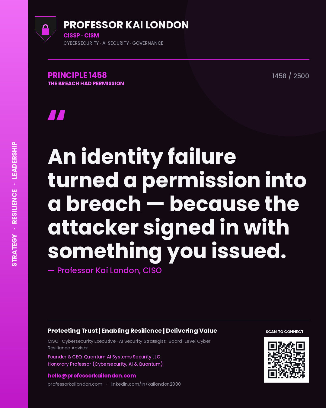 Quote card by Professor Kai London reading 'An identity failure turned a permission into a breach — because the attacker signed in with something you issued.'. From the book The Breach Had Permission.