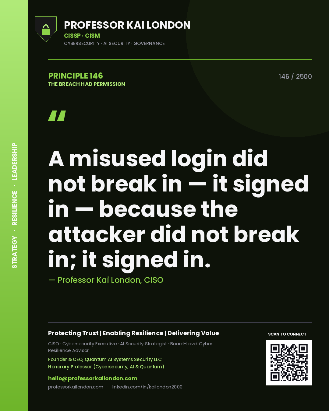 Quote card by Professor Kai London reading 'A misused login did not break in — it signed in — because the attacker did not break in; it signed in.'. From the book The Breach Had Permission.