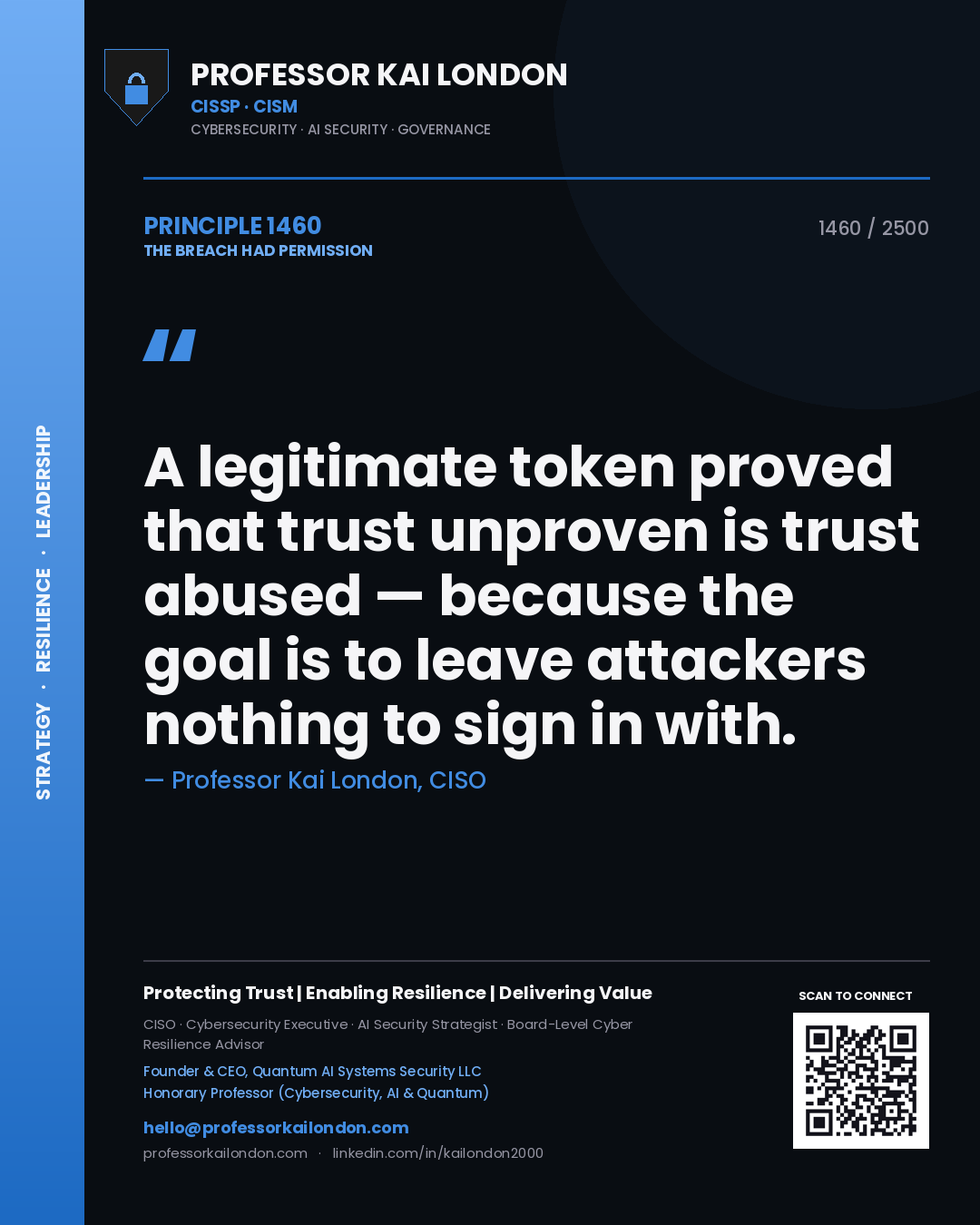 Professor Kai London principle 1460: A legitimate token proved that trust unproven is trust abused — because the goal is to leave attackers nothing to sign in with.