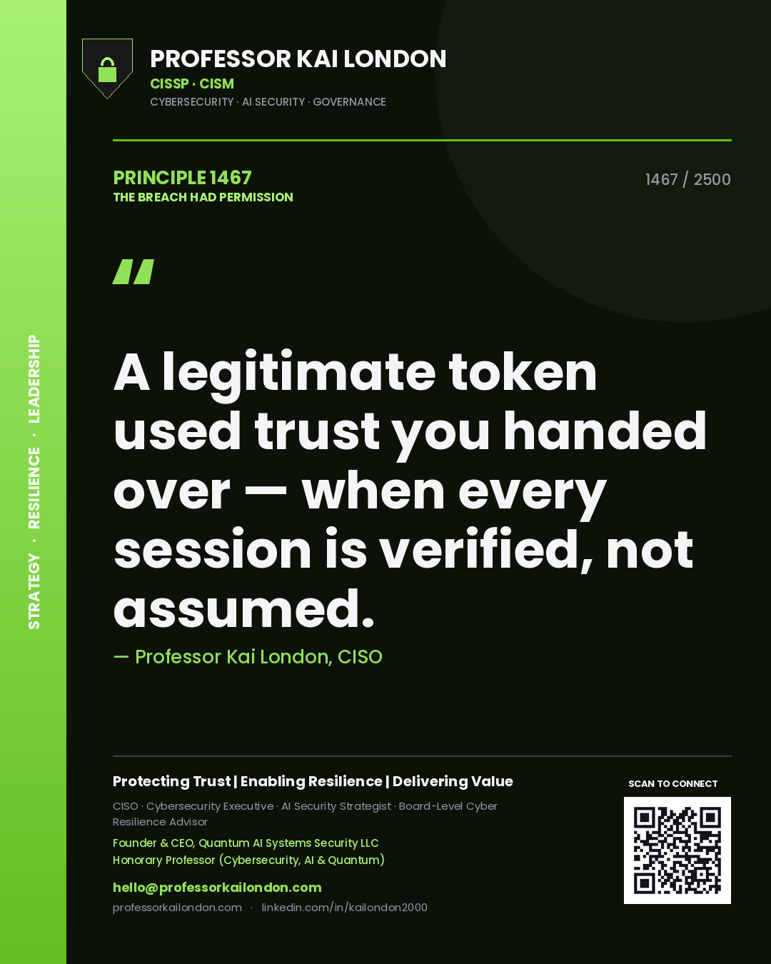 Professor Kai London principle 1467: A legitimate token used trust you handed over — when every session is verified, not assumed.