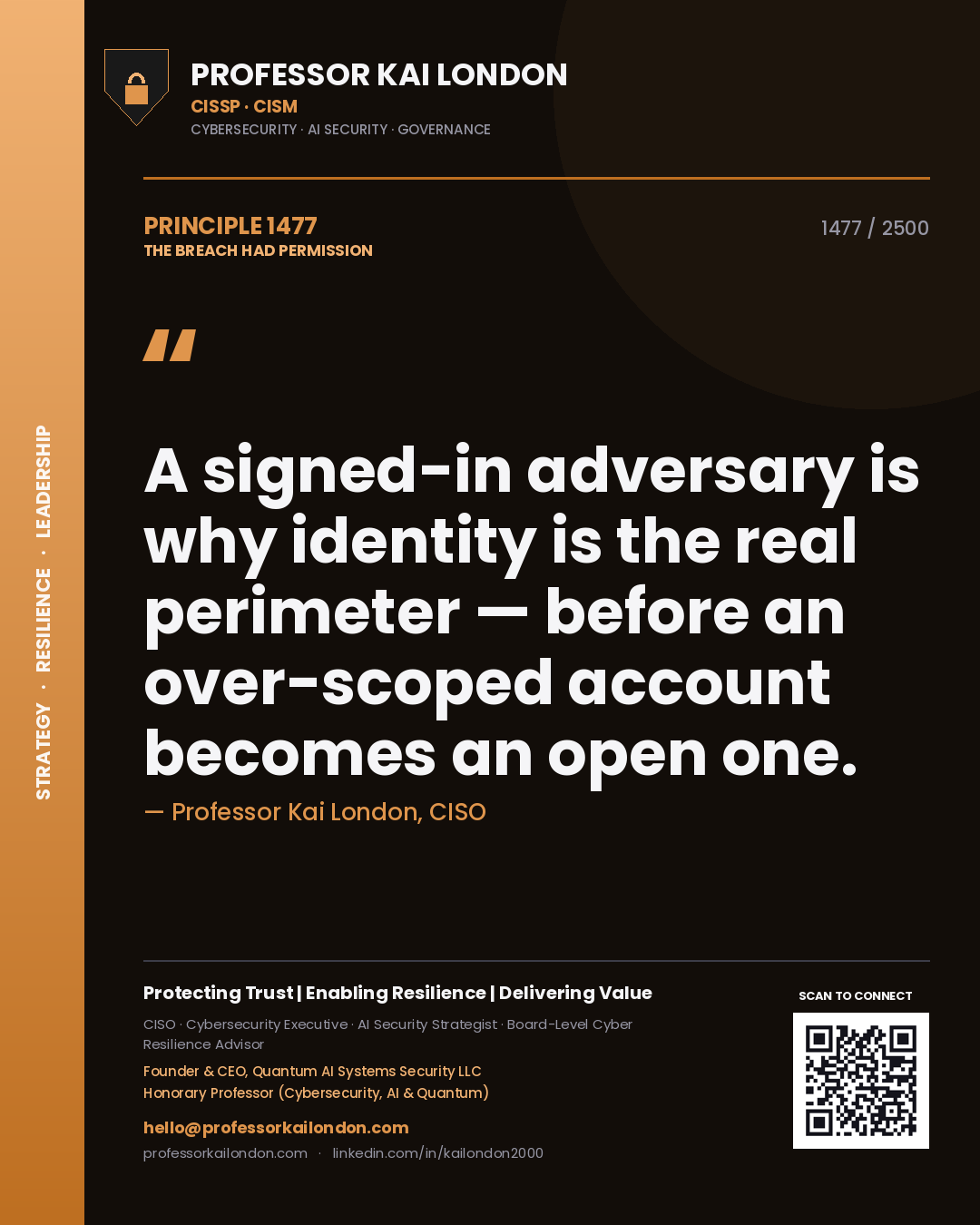 Quote card by Professor Kai London reading 'A signed-in adversary is why identity is the real perimeter — before an over-scoped account becomes an open one.'. From the book The Breach Had Permission.