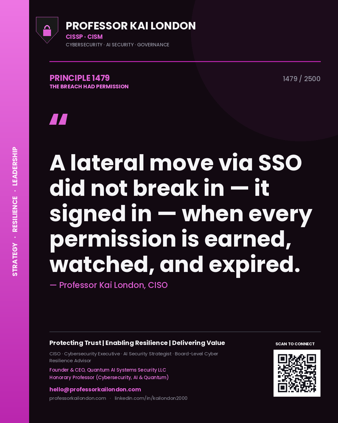 Professor Kai London principle 1479: A lateral move via SSO did not break in — it signed in — when every permission is earned, watched, and expired.