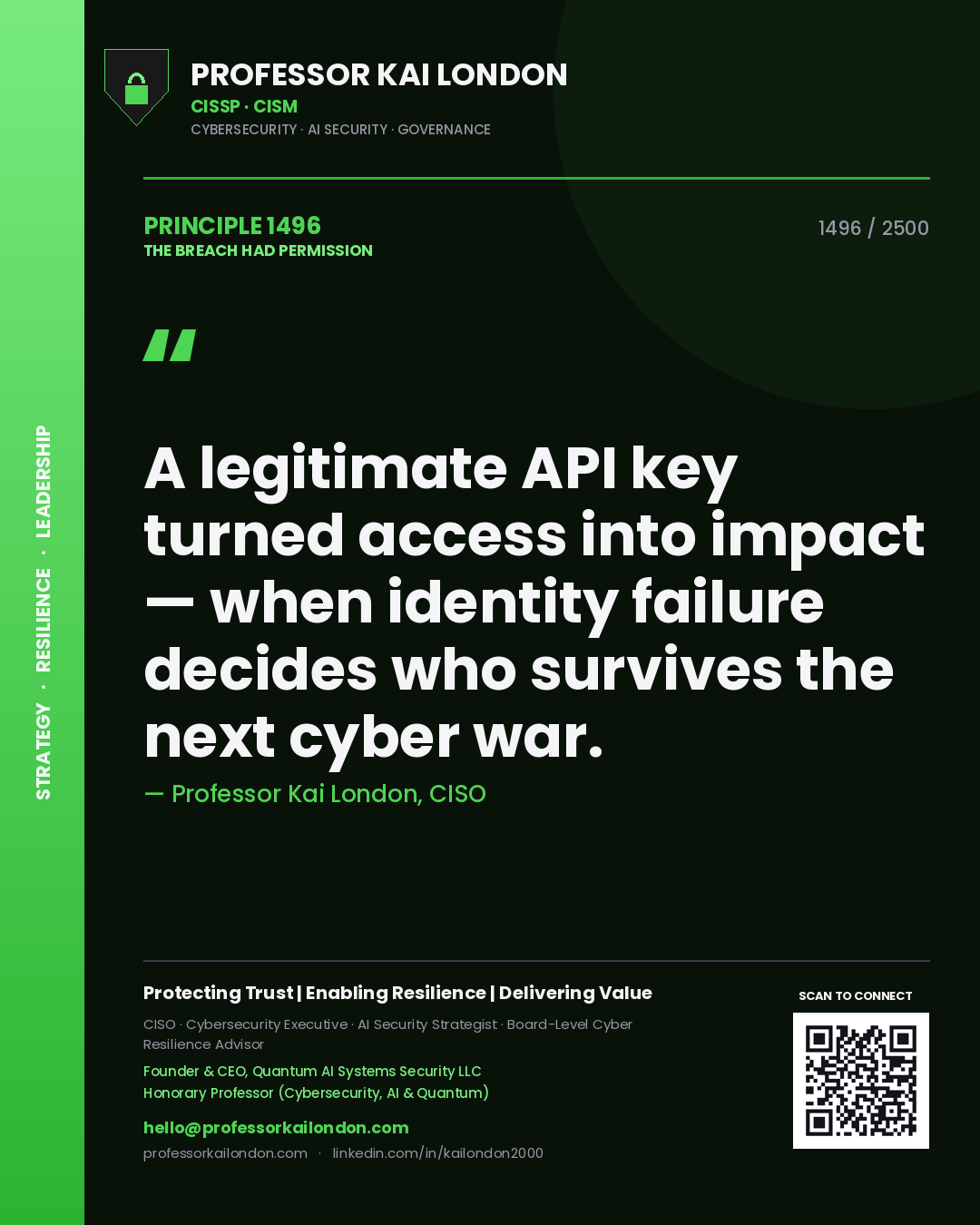 Professor Kai London principle 1496: A legitimate API key turned access into impact — when identity failure decides who survives the next cyber war.