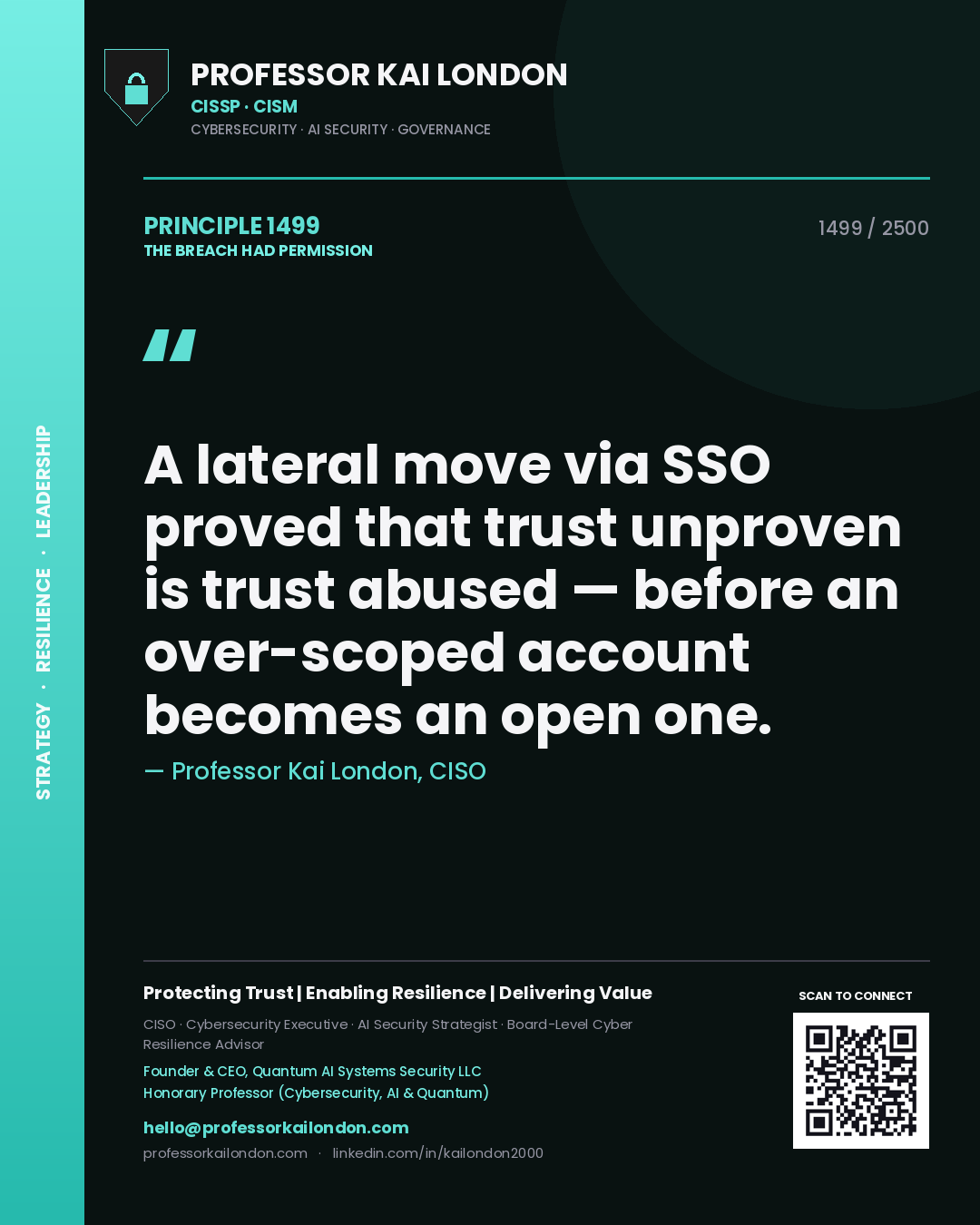 Quote card by Professor Kai London reading 'A lateral move via SSO proved that trust unproven is trust abused — before an over-scoped account becomes an open one.'. From the book The Breach Had Permission.