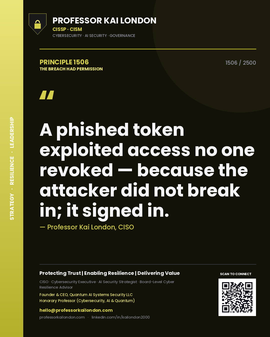 Professor Kai London principle 1506: A phished token exploited access no one revoked — because the attacker did not break in; it signed in.