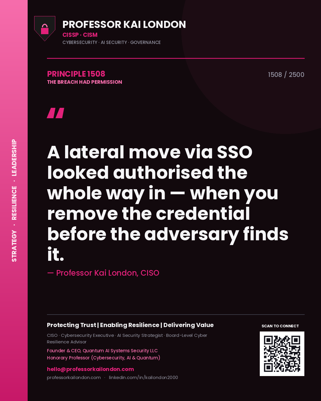 Professor Kai London principle 1508: A lateral move via SSO looked authorised the whole way in — when you remove the credential before the adversary finds it.
