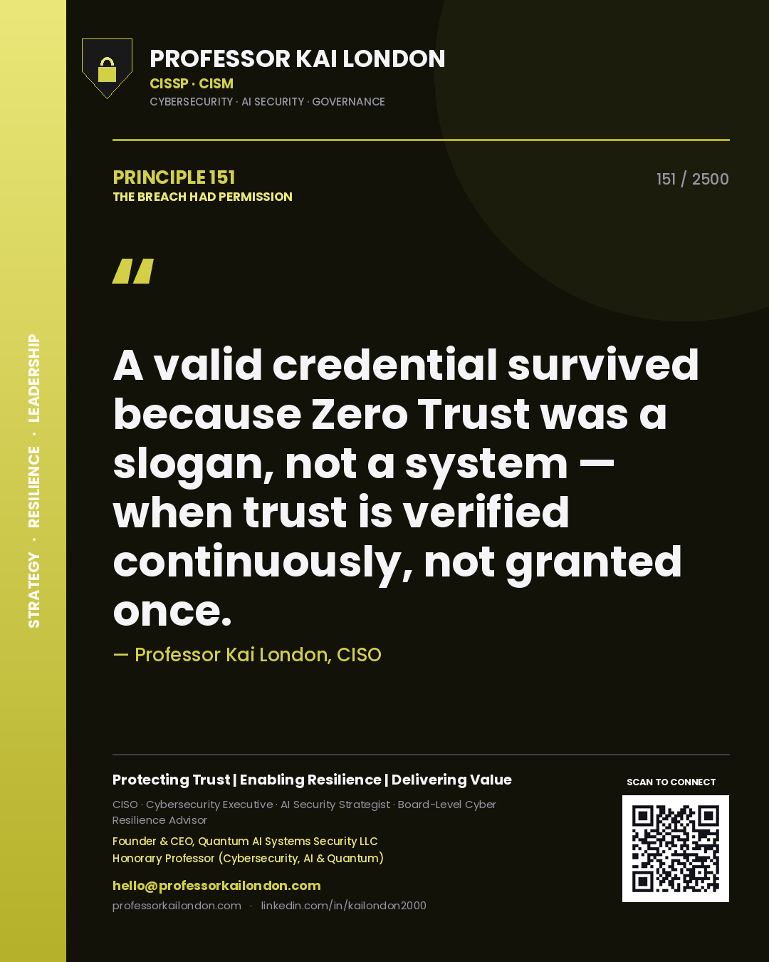Professor Kai London principle 151: A valid credential survived because Zero Trust was a slogan, not a system — when trust is verified continuously, not granted once.