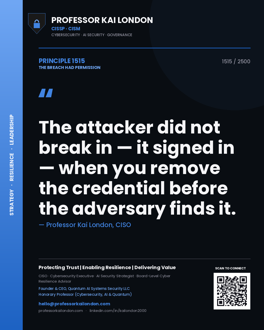Quote card by Professor Kai London reading 'The attacker did not break in — it signed in — when you remove the credential before the adversary finds it.'. From the book The Breach Had Permission.