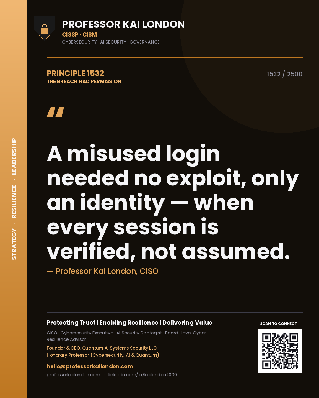 Quote card by Professor Kai London reading 'A misused login needed no exploit, only an identity — when every session is verified, not assumed.'. From the book The Breach Had Permission.