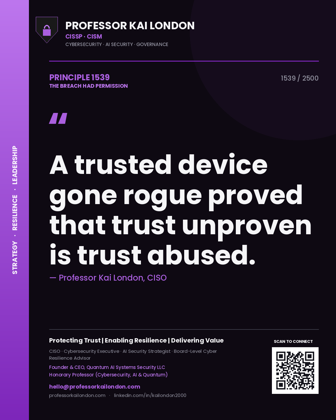 Quote card by Professor Kai London reading 'A trusted device gone rogue proved that trust unproven is trust abused.'. From the book The Breach Had Permission.
