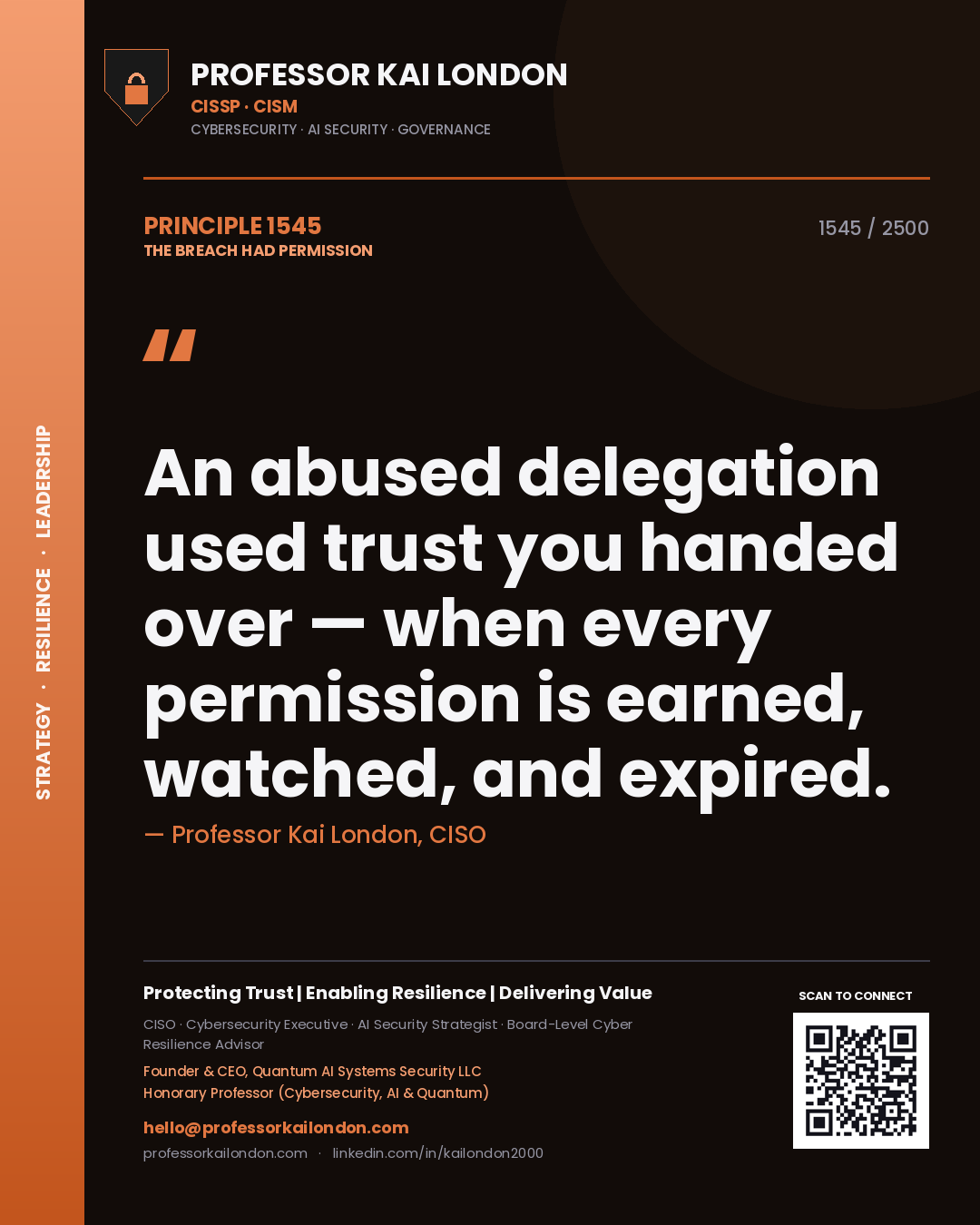 Professor Kai London principle 1545: An abused delegation used trust you handed over — when every permission is earned, watched, and expired.