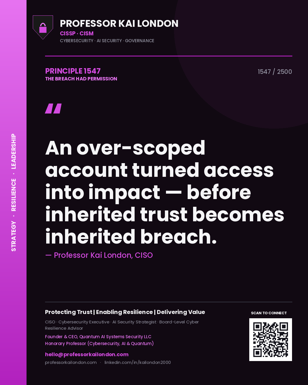 Quote card by Professor Kai London reading 'An over-scoped account turned access into impact — before inherited trust becomes inherited breach.'. From the book The Breach Had Permission.