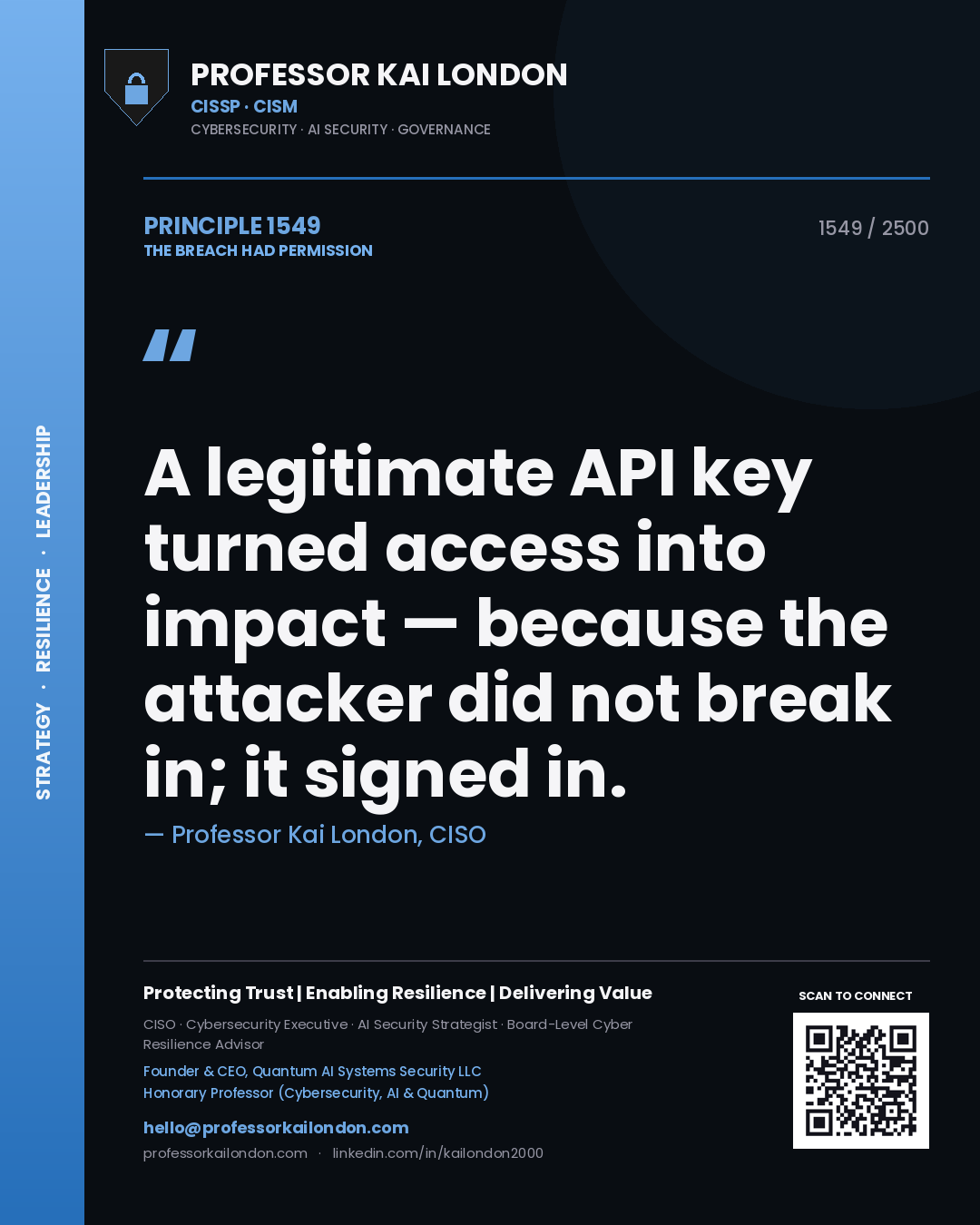 Quote card by Professor Kai London reading 'A legitimate API key turned access into impact — because the attacker did not break in; it signed in.'. From the book The Breach Had Permission.