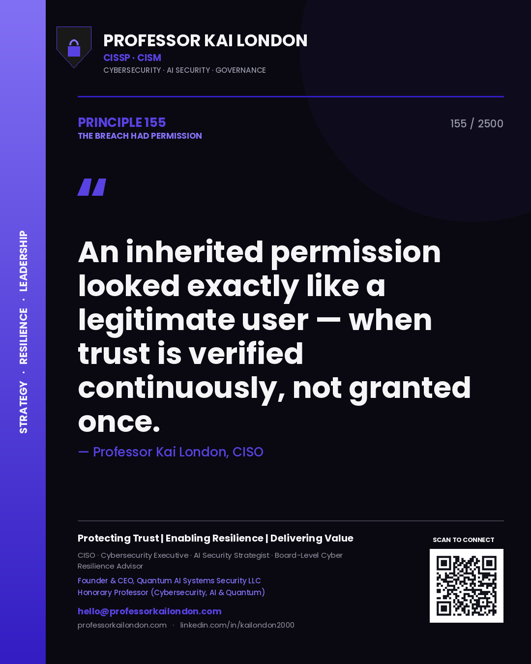 Professor Kai London principle 155: An inherited permission looked exactly like a legitimate user — when trust is verified continuously, not granted once.