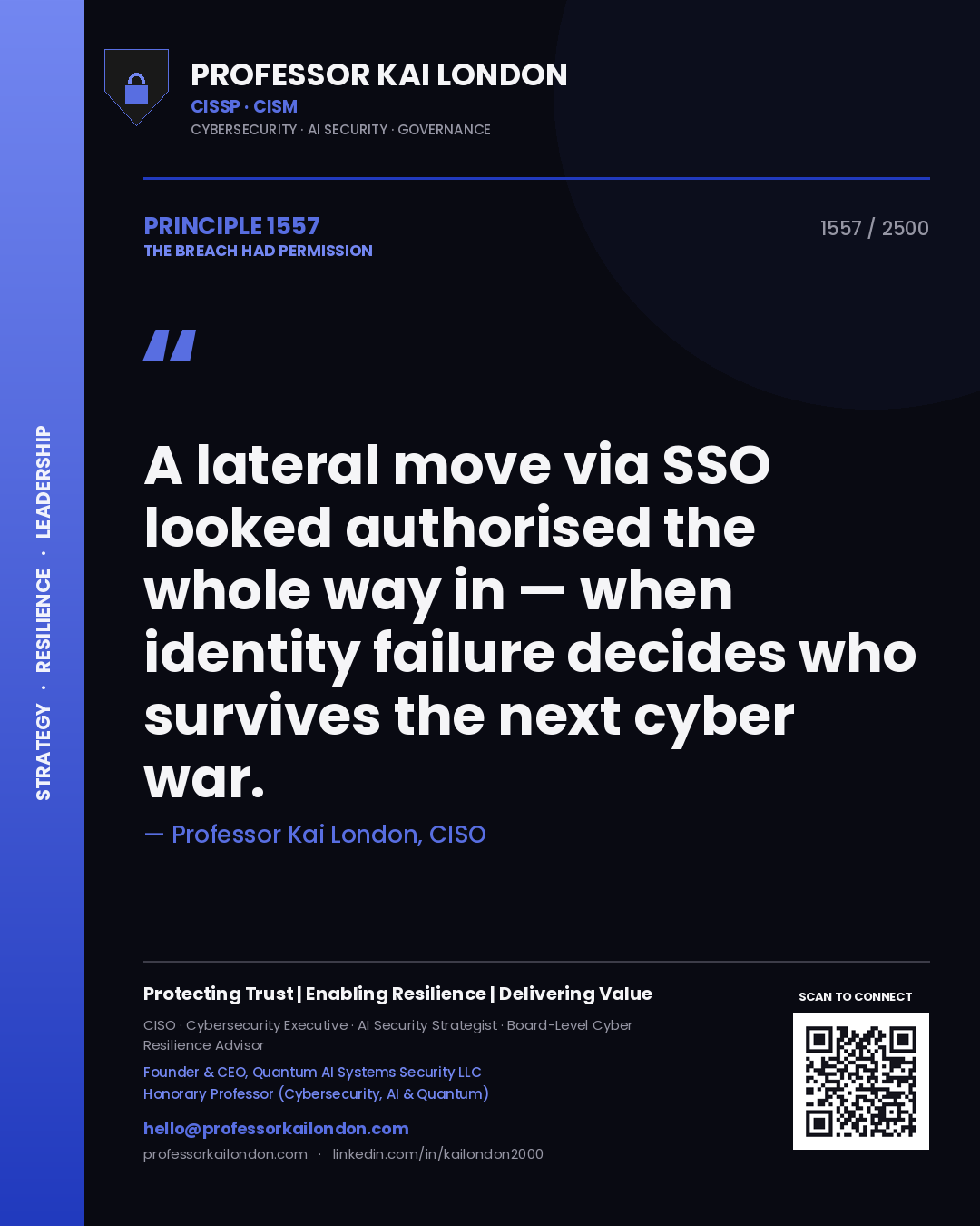 Quote card by Professor Kai London reading 'A lateral move via SSO looked authorised the whole way in — when identity failure decides who survives the next cyber war.'. From the book The Breach Had Permission.