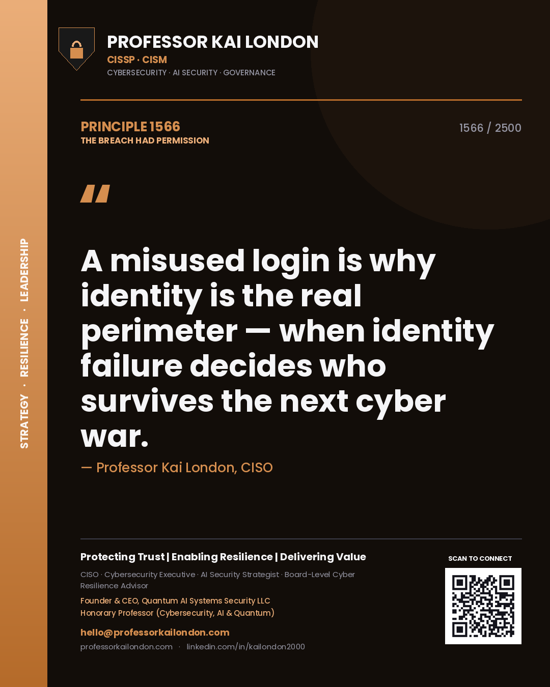 Quote card by Professor Kai London reading 'A misused login is why identity is the real perimeter — when identity failure decides who survives the next cyber war.'. From the book The Breach Had Permission.